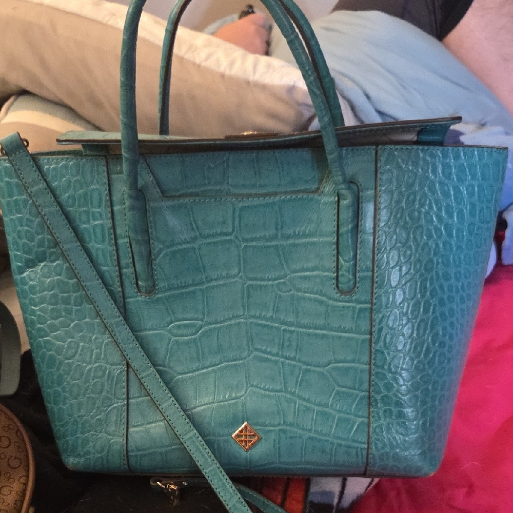 Elegant Teal Crocodile-Embossed Tote Bag